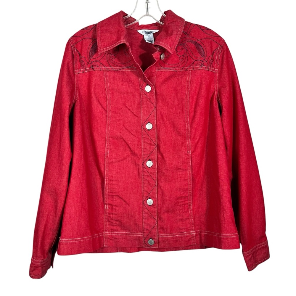 City Blues Vintage Red Denim Western Embroidered Button Down Jean Jacket Medium